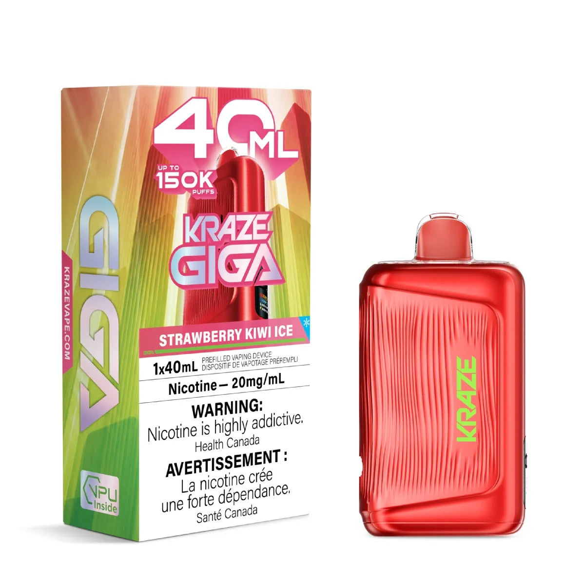 Kraze Giga Strawberry Kiwi Ice disposable vape device next to its retail packaging box, featuring a vibrant red and green color scheme with product details and warning labels.