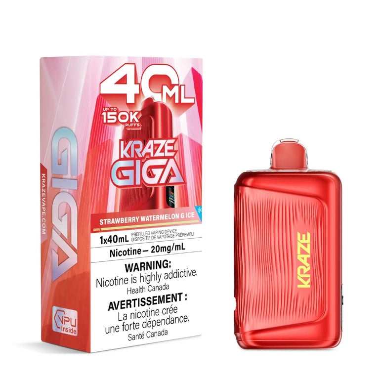 A red disposable vape device next to its retail packaging box for Craze Giga Strawberry Watermelon 6 Ice, featuring product details, nicotine warning, and branding on a white background.