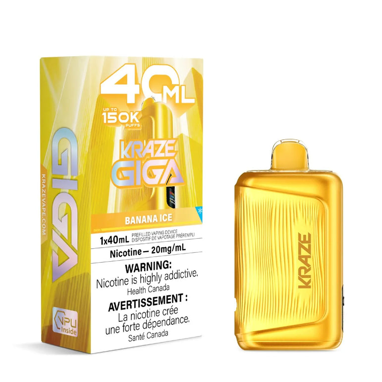 A yellow and gold Kraze Giga disposable vape device shown next to its matching yellow packaging box on a plain white background.