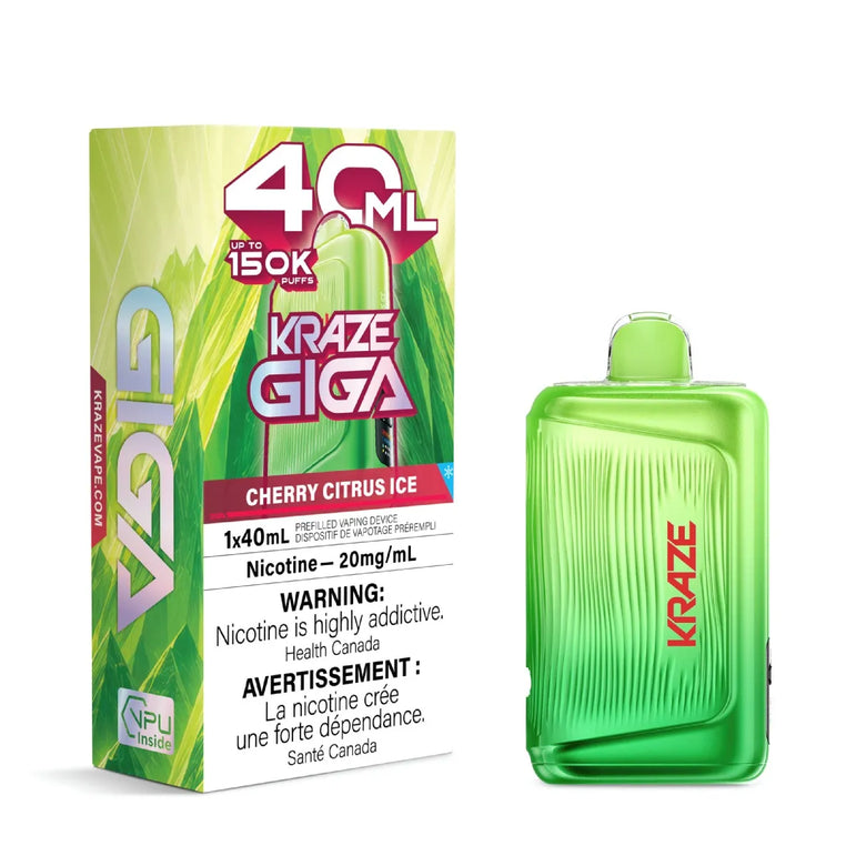 Kraze Giga 40ml disposable vape packaging and the green vape device itself, shown on a plain white background. The box features green graphics and text for 'Cherry Citrus Ice' with a nicotine warning, and the device has a ribbed green body with a red Kraze logo.