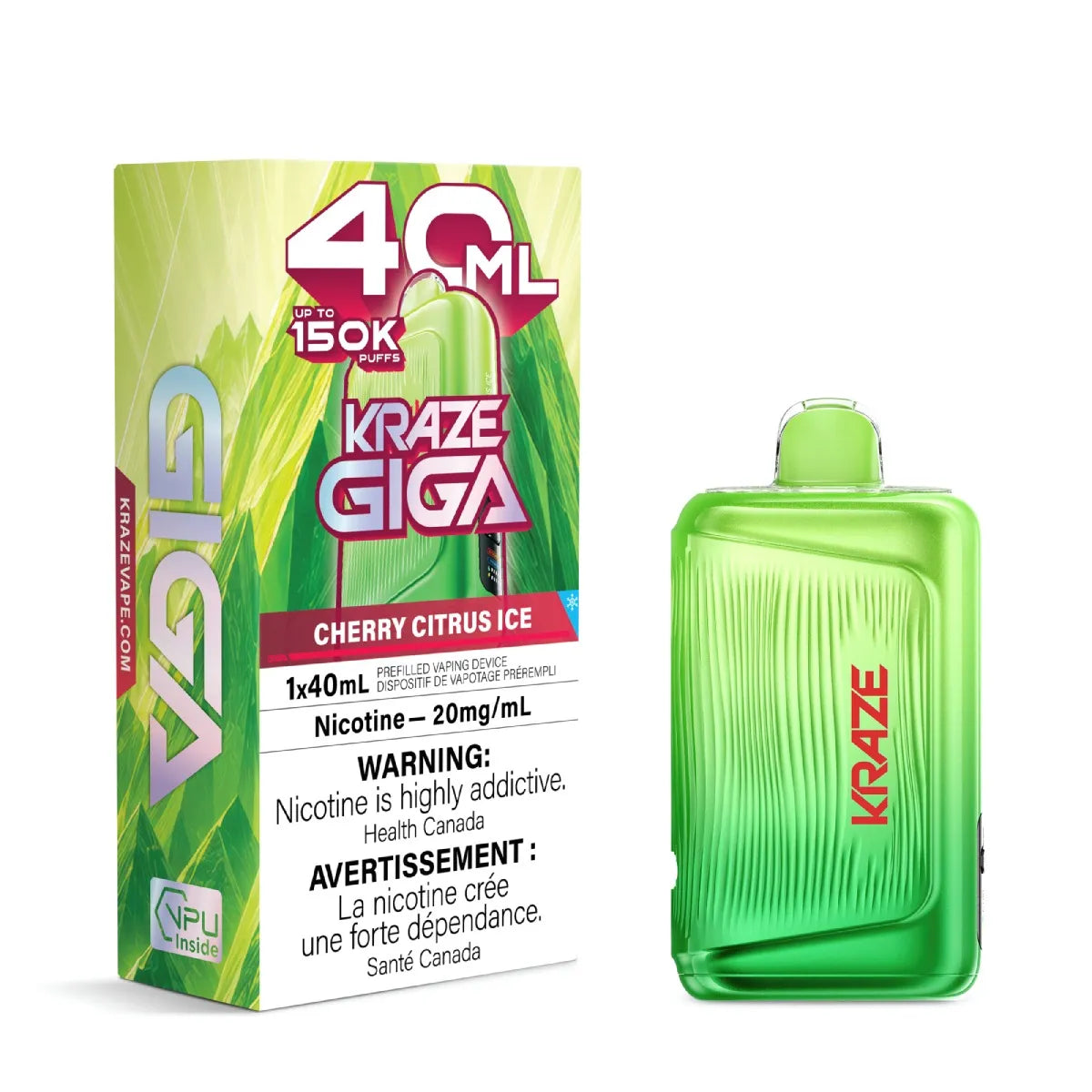 Kraze Giga 40ml disposable vape packaging and the green vape device itself, shown on a plain white background. The box features green graphics and text for 'Cherry Citrus Ice' with a nicotine warning, and the device has a ribbed green body with a red Kraze logo.