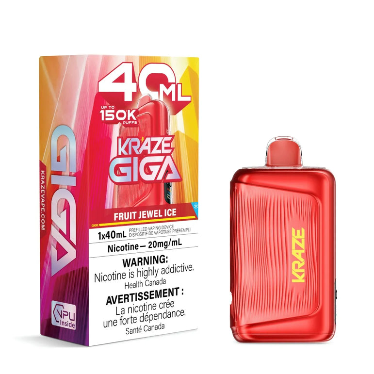 A red disposable vape device next to its retail packaging box. The box features a colorful gradient design of pink, orange, and yellow with text reading '40 ML', 'KRAZE GIGA', and 'FRUIT JEWEL ICE'.