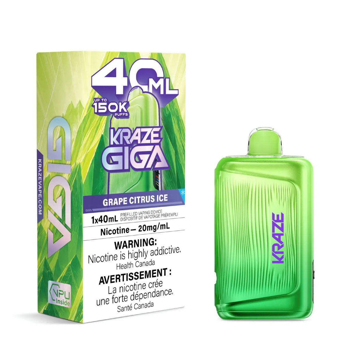 Kraze Giga Grape Citrus Ice disposable vape pen in bright green next to its retail packaging box, shown on a plain white background.