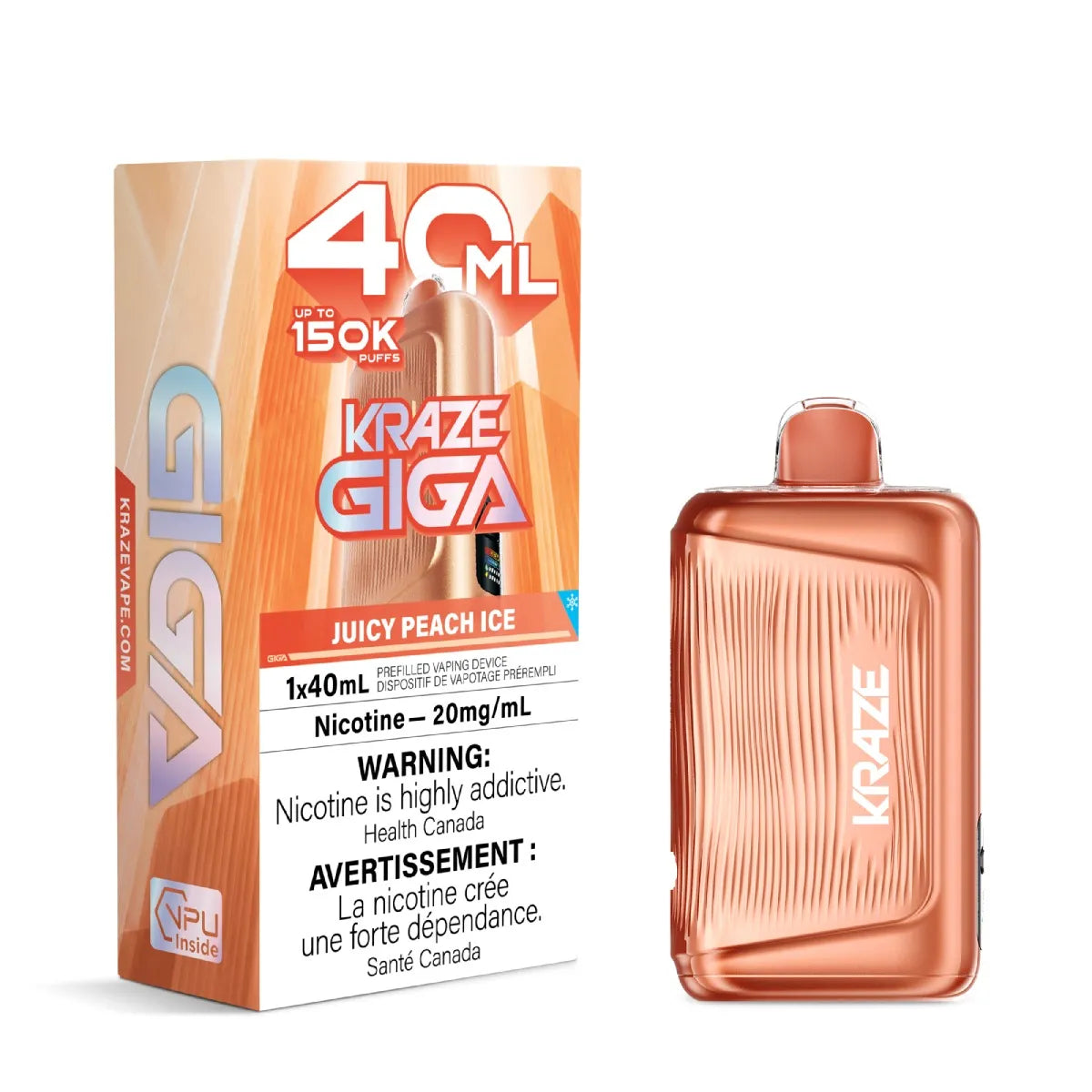 A 40 mL disposable vape device in a metallic copper/rose-gold finish shown next to its retail box. The packaging features orange and white graphics with the brand name 'KRAZE GIGA' and flavor 'Juicy Peach Ice'.