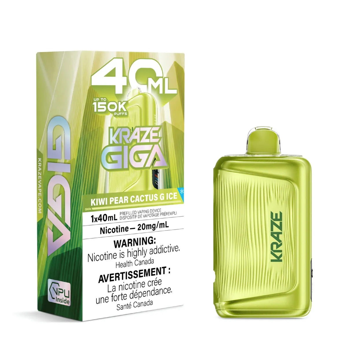 A 40 mL disposable vape device in a translucent lime green color next to its retail packaging box. The box features 'KRAZE GIGA' branding and flavor details for 'Kiwi Pear Cactus Ice'.