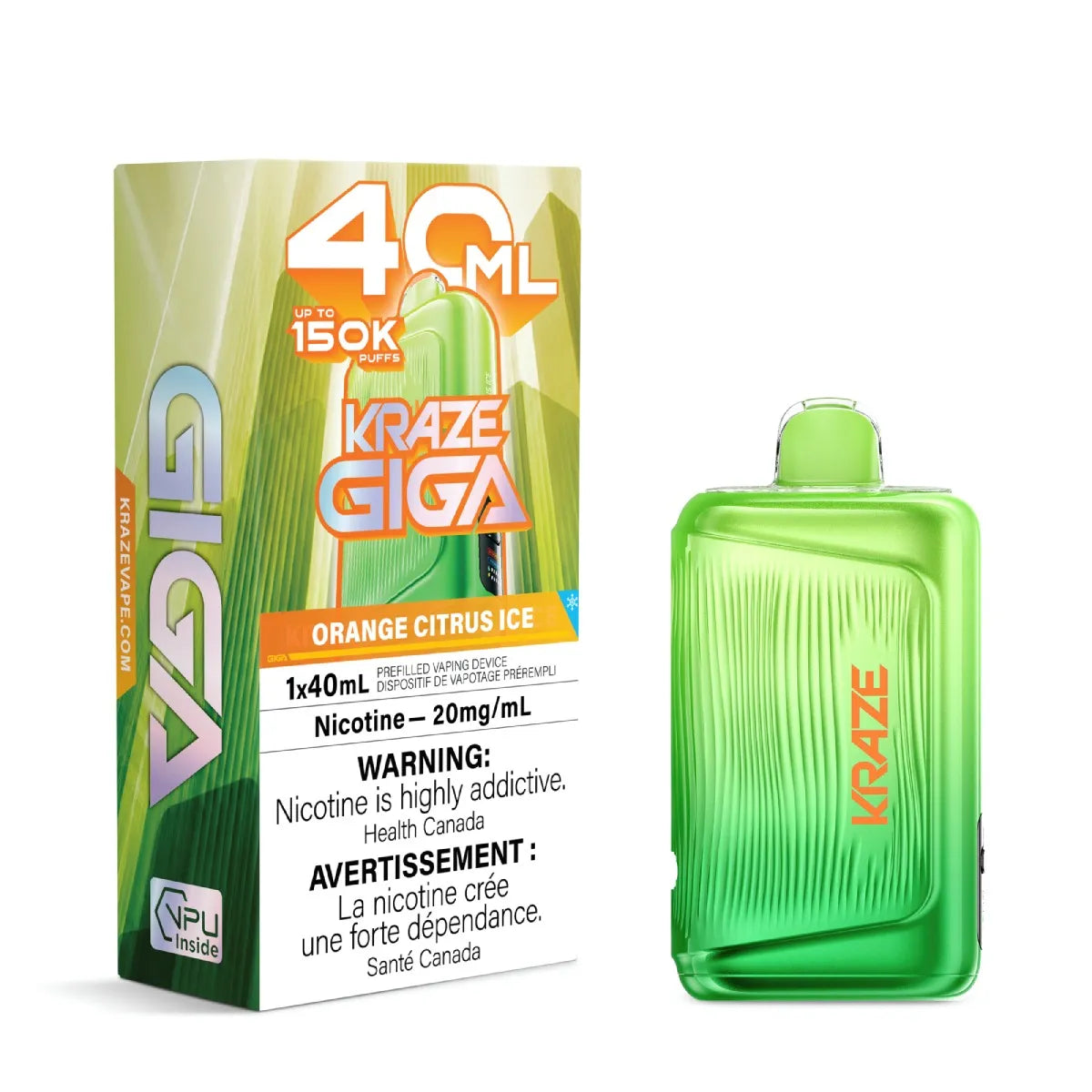 A green disposable vape device next to its retail packaging box, both featuring the brand name 'KRAZE' and flavor 'ORANGE CITRUS ICE'. The packaging displays '40 ML' and '150K Puffs' on a clean white background.