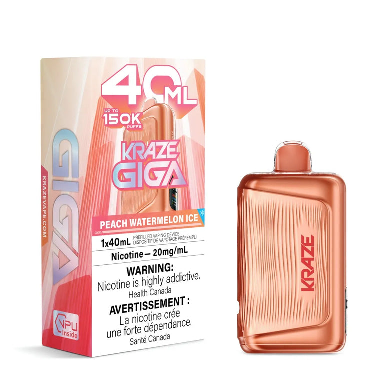 Kraze Giga 40ml disposable vape device in peach watermelon ice flavor, shown next to its retail packaging box on a white background.