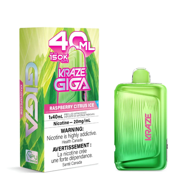 A green Kraze Giga disposable vape device next to its retail packaging box on a plain white background. The packaging features green graphics, pink text, and a prominent warning label.