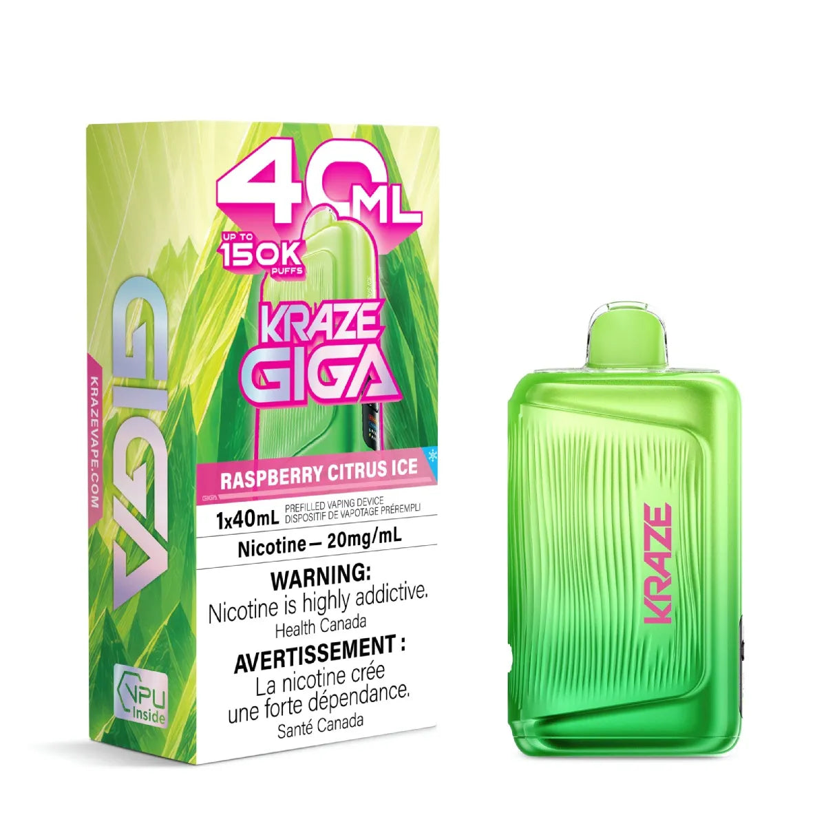 A green Kraze Giga disposable vape device next to its retail packaging box on a plain white background. The packaging features green graphics, pink text, and a prominent warning label.