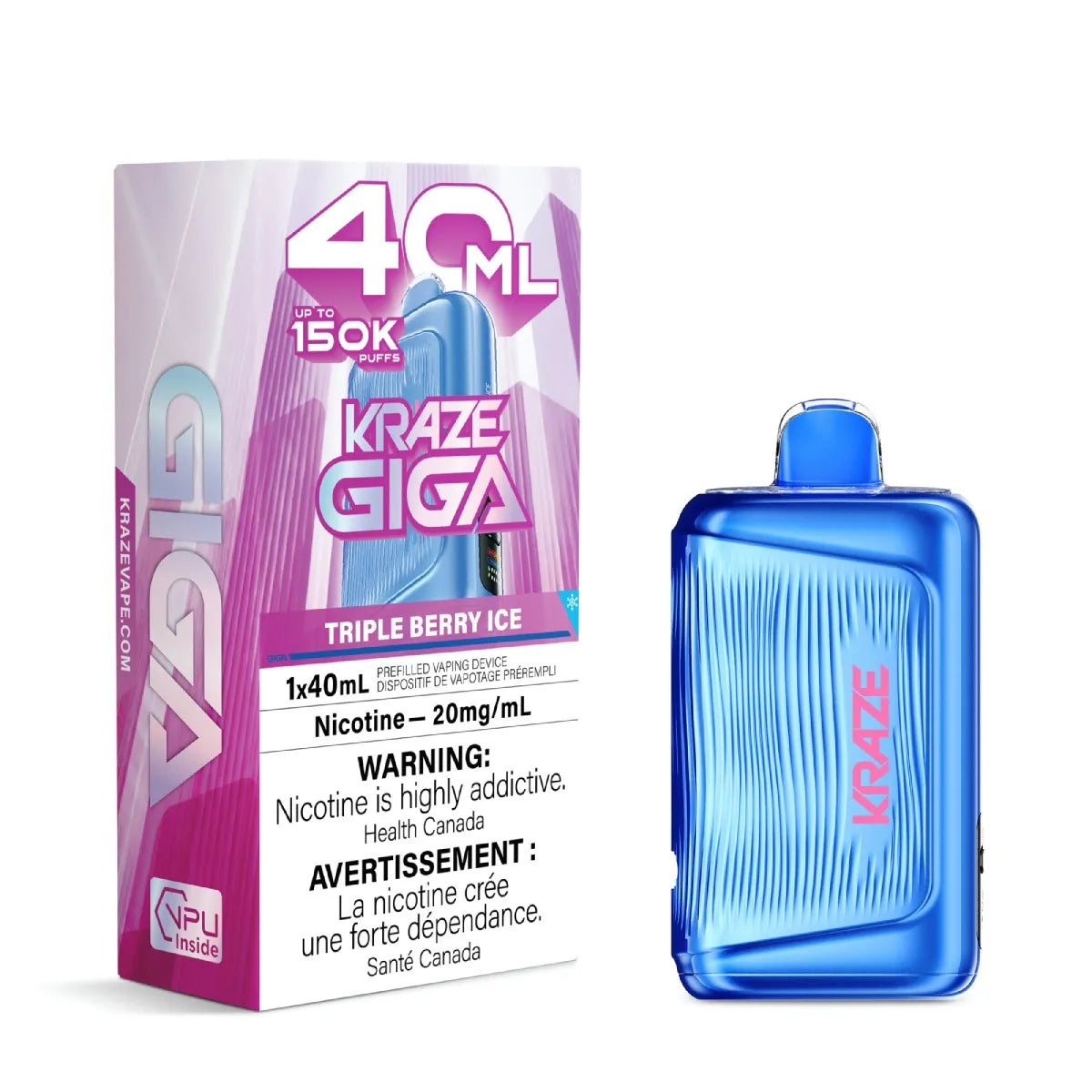 A blue vape device next to its retail box on a white background. The box is white and pink with purple accents, featuring the brand name 'Kraze Giga' and flavor 'Triple Berry Ice'.