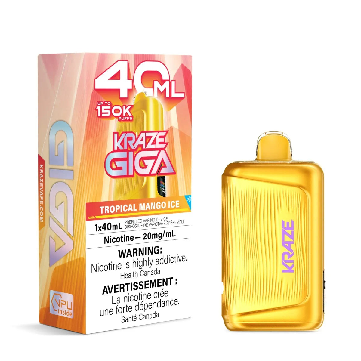 A 40 mL disposable vape device in a golden yellow color with the brand name 'KRAZE' printed vertically, shown next to its retail packaging box. The packaging features a tropical orange and yellow design with '40 ML' and 'TROPICAL MANGO ICE' text.