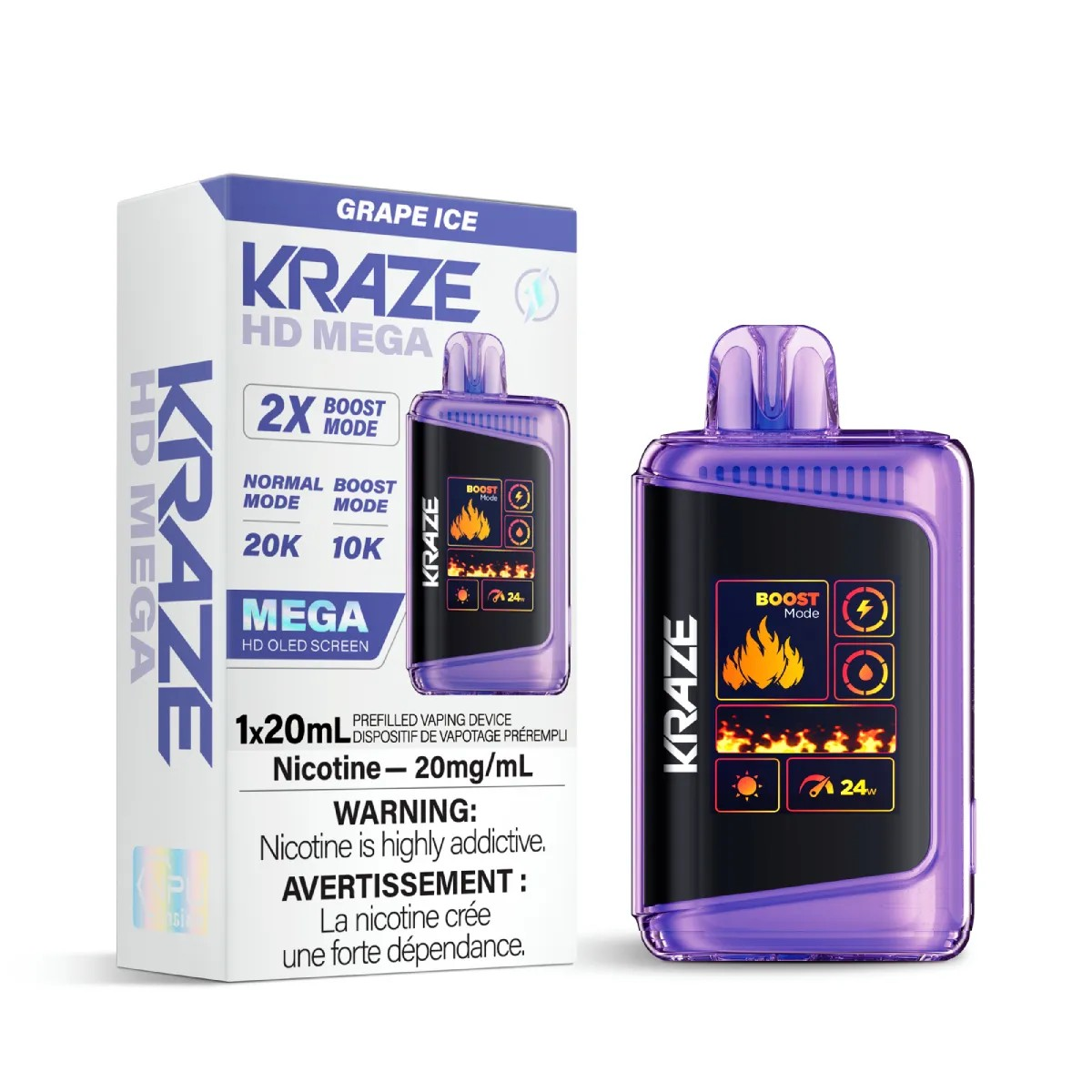 Purple Kraze vape device with packaging on a white background