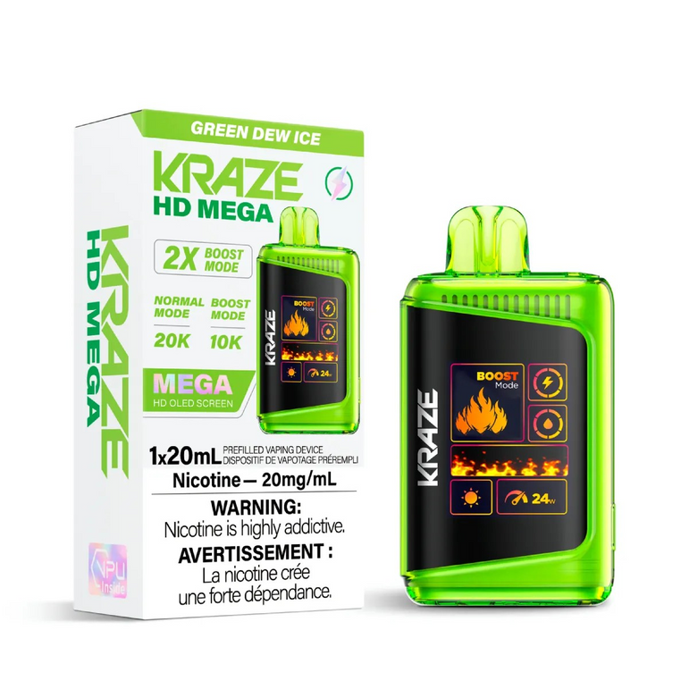 Green vape device with packaging labeled 'Kraze HD Mega' on a white background