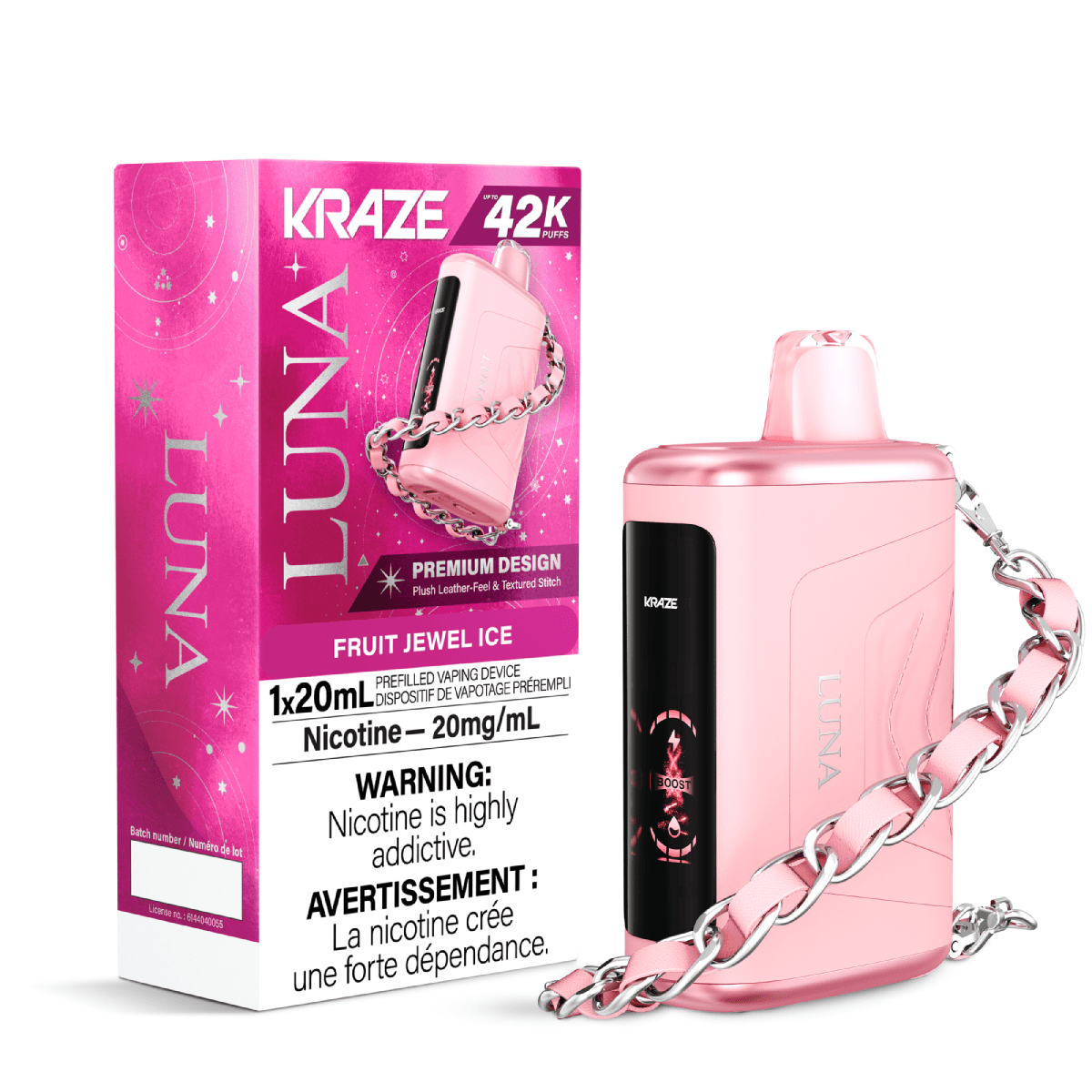 Pink vape Kraze Luna device with chain and packaging labeled 'Kraze Luna' on a white background