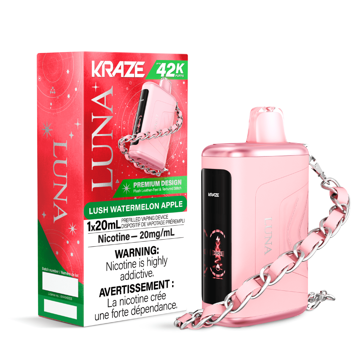 Pink vape device with chain and packaging labeled 'Kraze Luna' on a white background