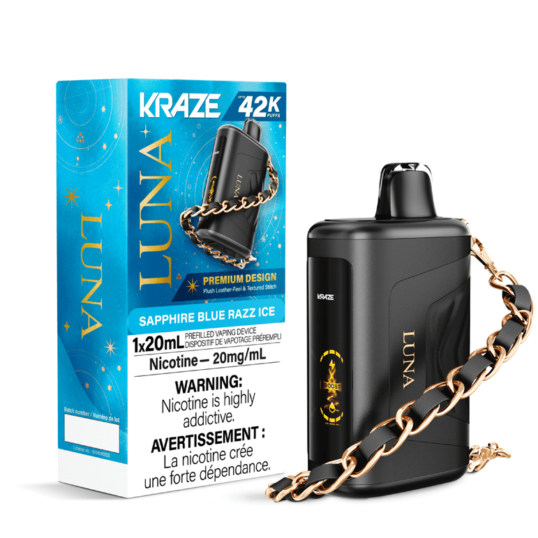 Kraze Luna Sapphire blue razz ice vape device with packaging on a white background