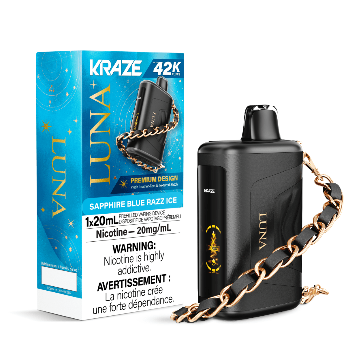 Kraze Luna Sapphire blue razz ice vape device with packaging on a white background