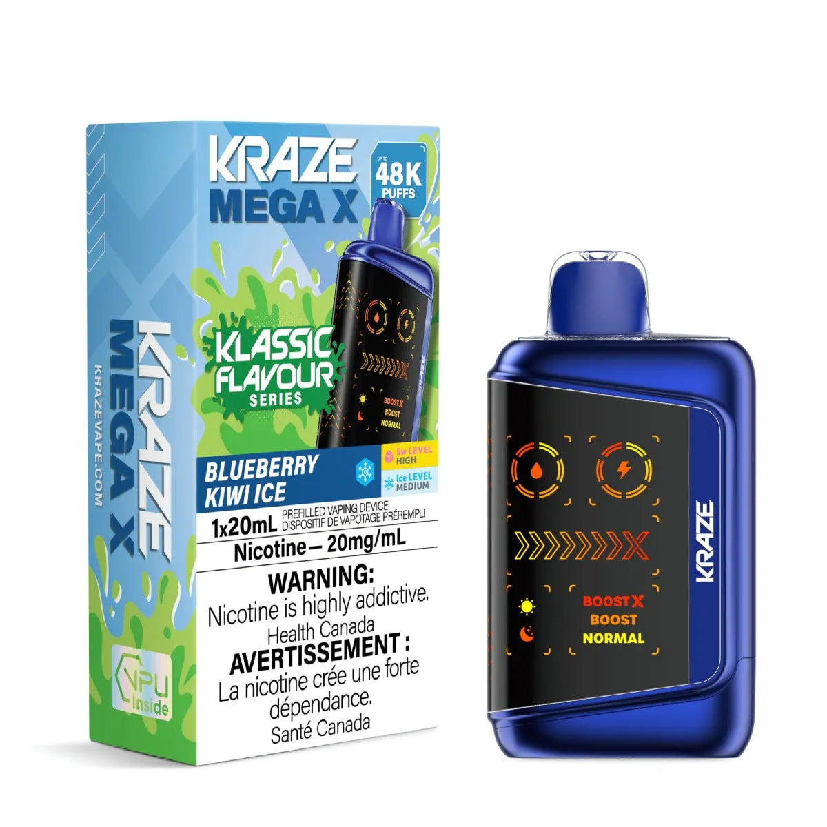 Kraze Blueberry Kiwi vape device and packaging on a white background