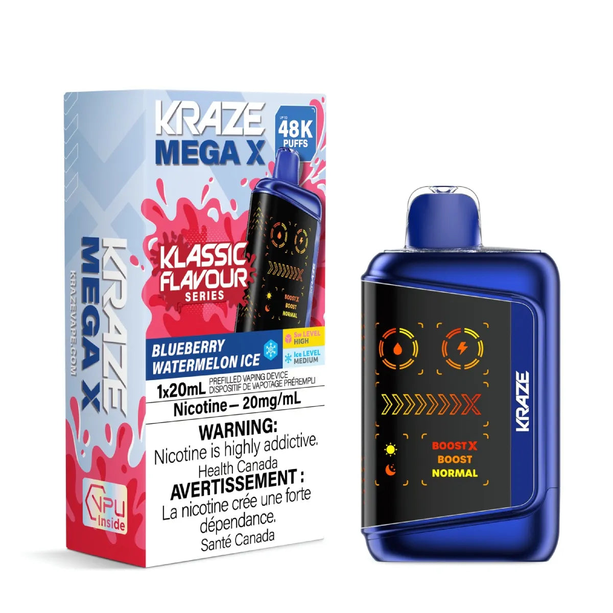Kraze Blueberry Watermelon Ice Mega X vape device and packaging on a white background