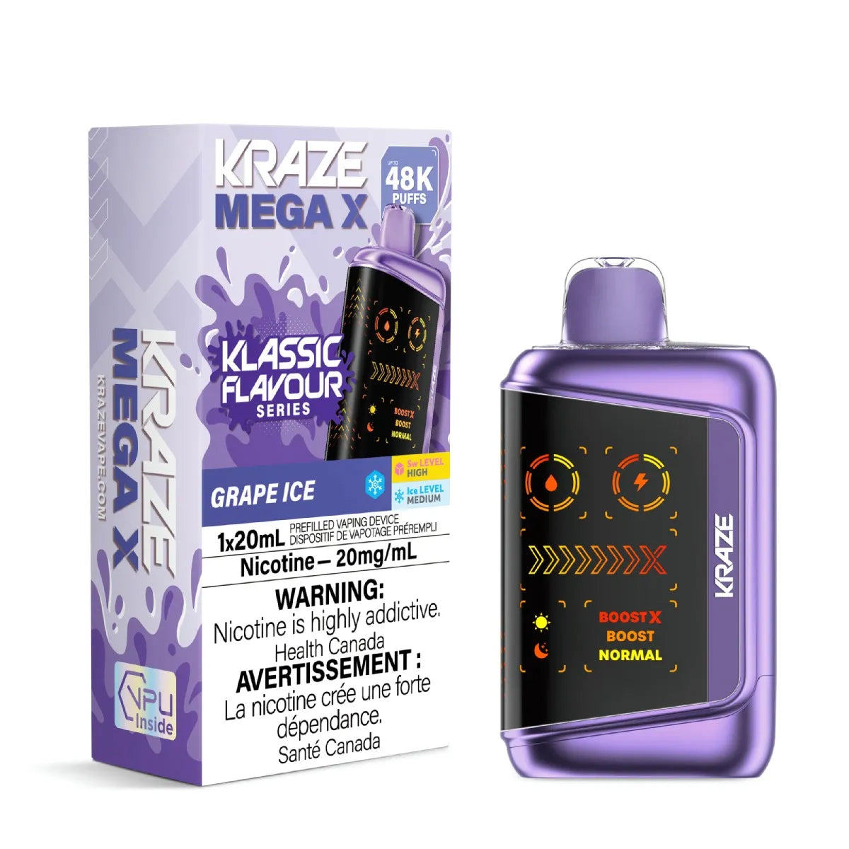 Kraze Grape Ice vape device and packaging with grape ice flavor on a white background