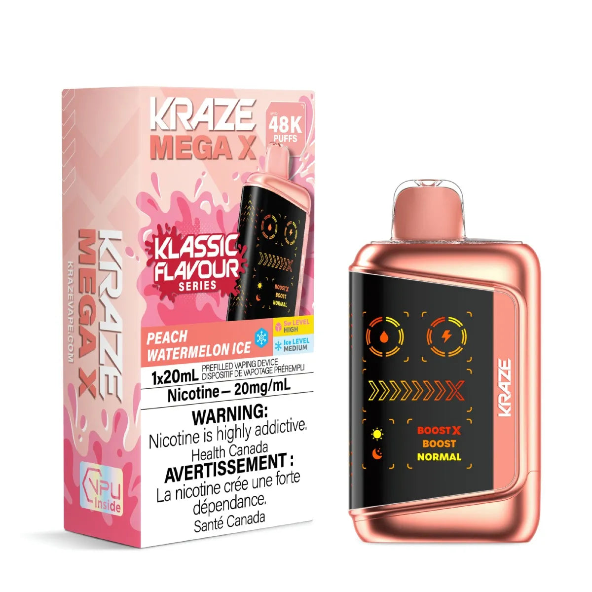Kraze Peach Watermelon Mega X vape device and packaging on a white background
