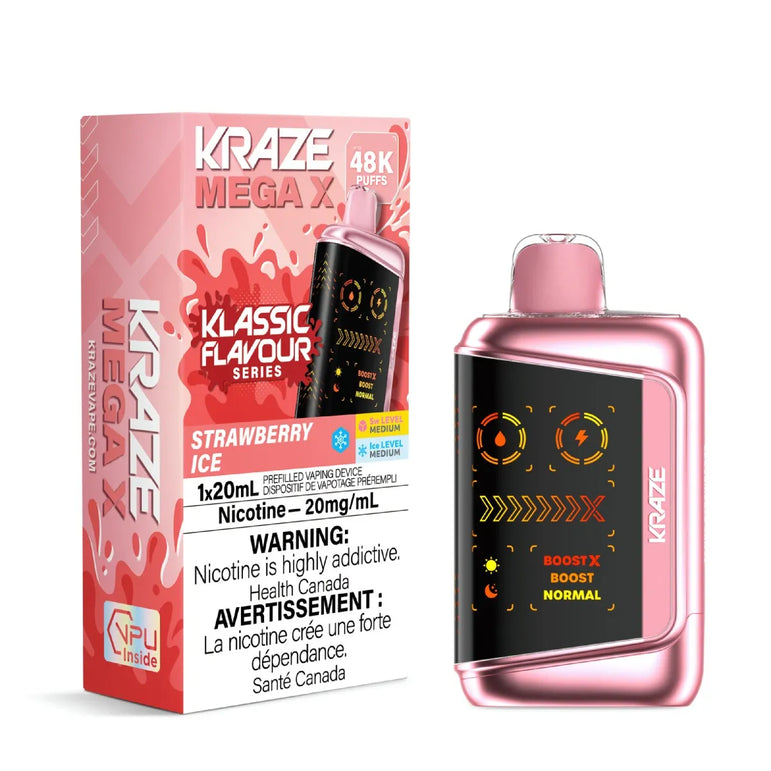 Kraze Strawberry vape device and packaging with strawberry ice flavor on a white background