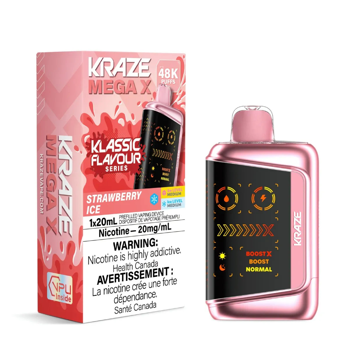 Kraze Strawberry vape device and packaging with strawberry ice flavor on a white background