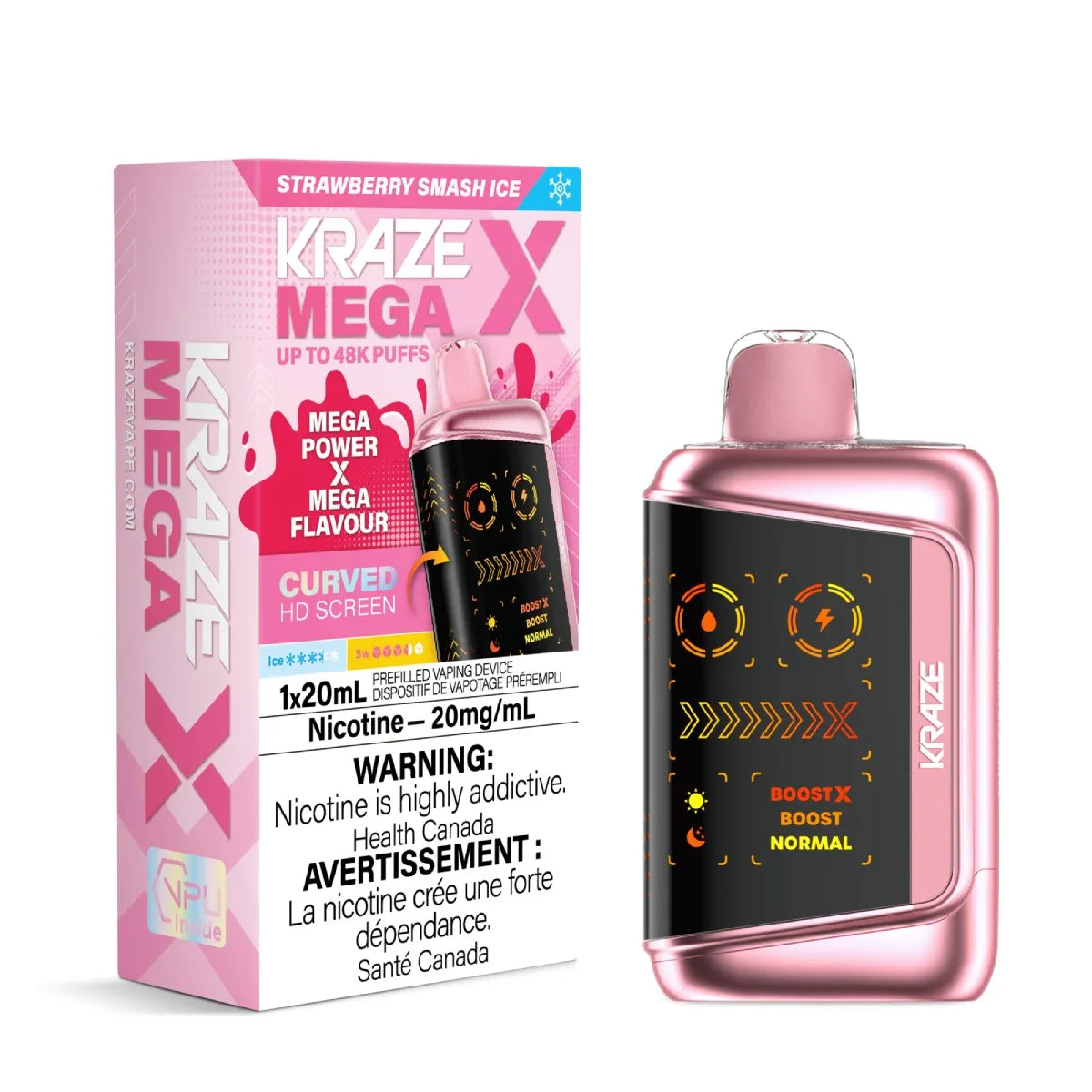 Kraze Mega X Strawberry Smash vape device and packaging on a white background