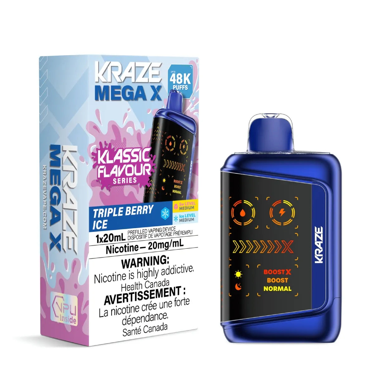 Kraze Mega X Triple Berry vape device and packaging on a white background