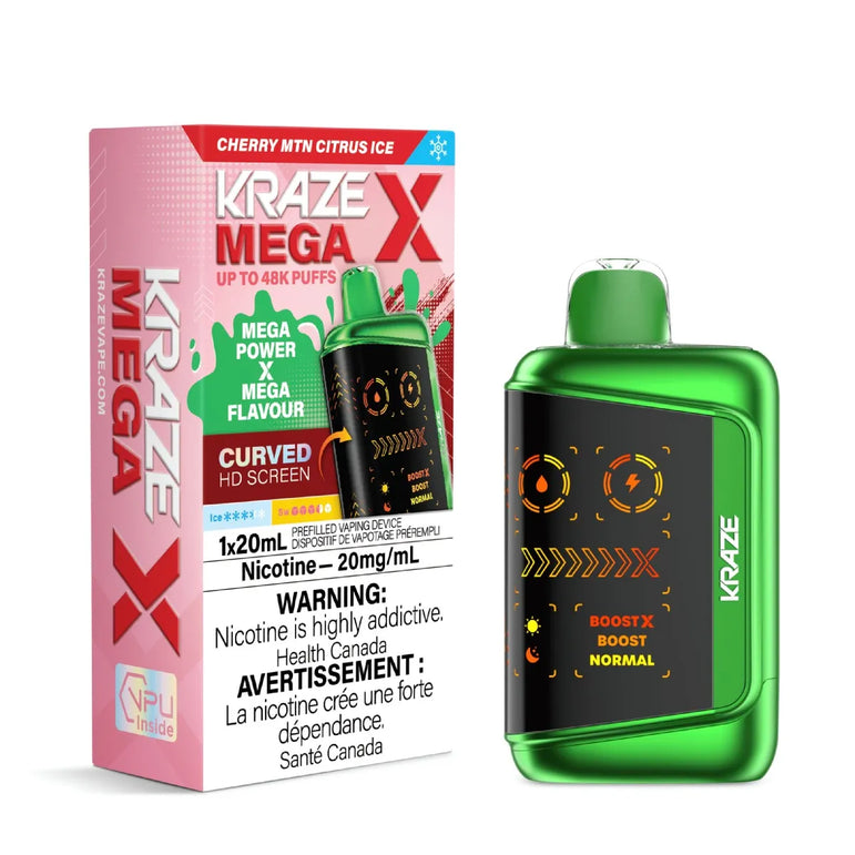 Kraze Mega X disposable vape in flavor Cherry MTN Citrus Ice and packaging on a white background.