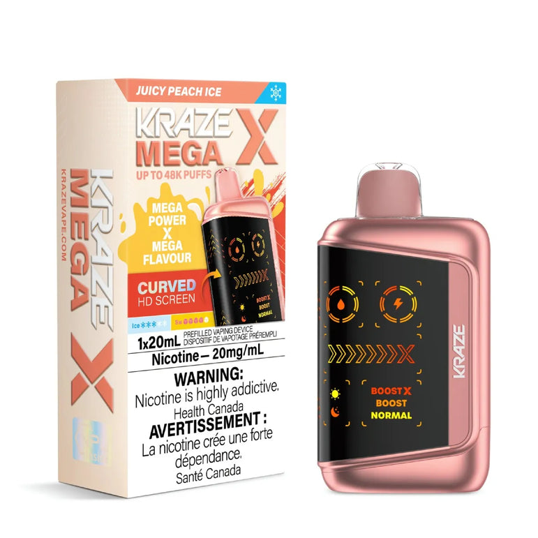 Kraze Mega X disposable vape in flavor Juicy Peach Ice and packaging on a white background.