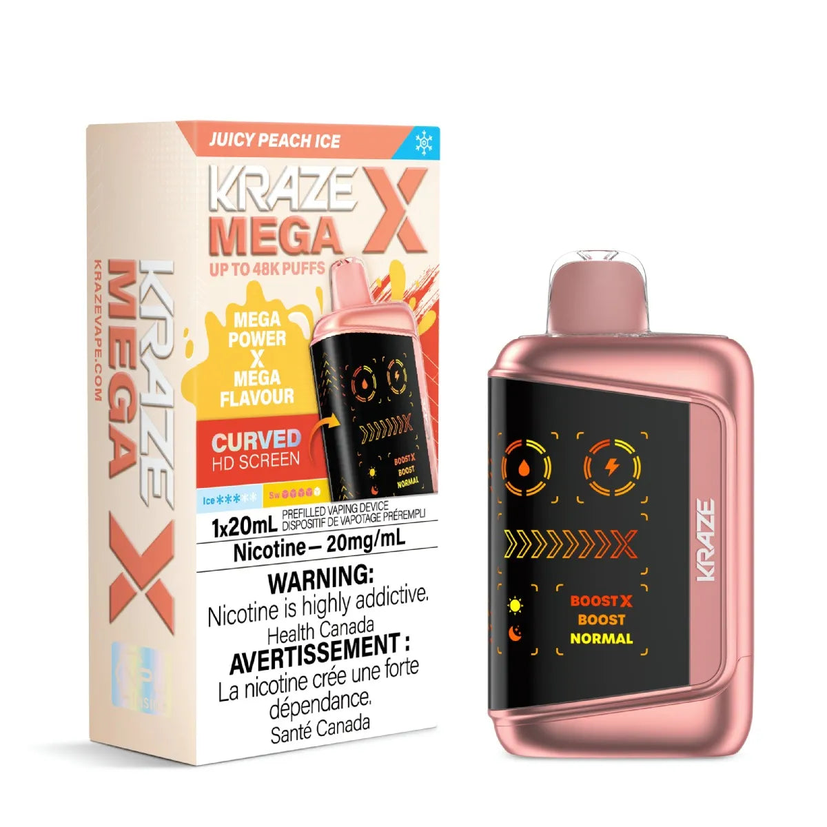 Kraze Mega X disposable vape in flavor Juicy Peach Ice and packaging on a white background.