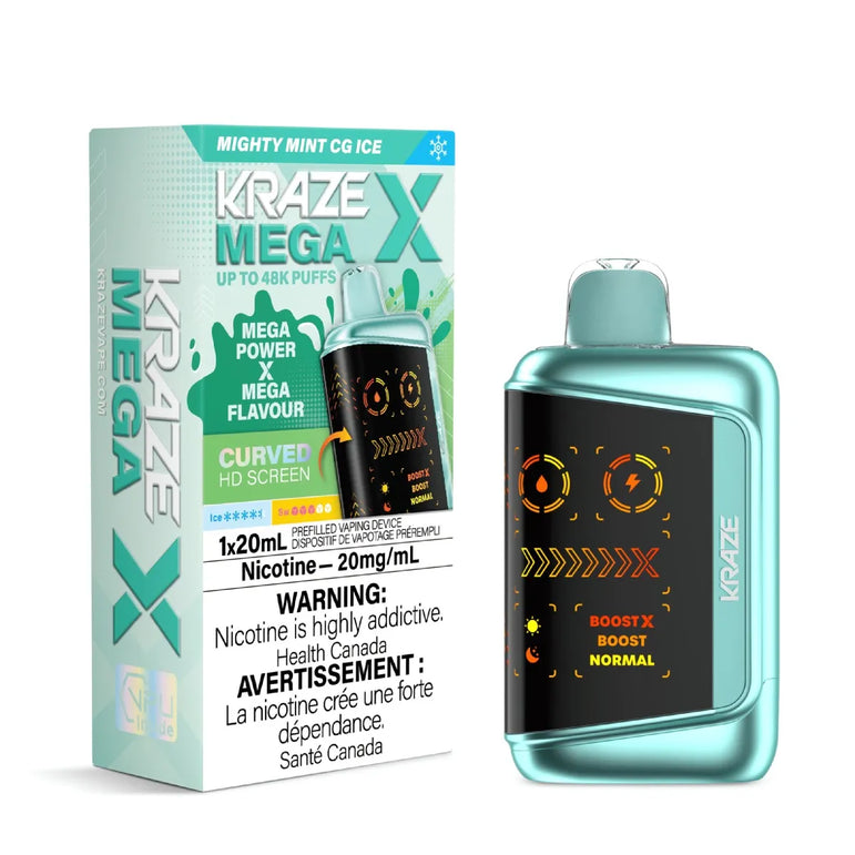 Kraze Mega X disposable vape in flavor Mighty Mint and packaging on a white background.