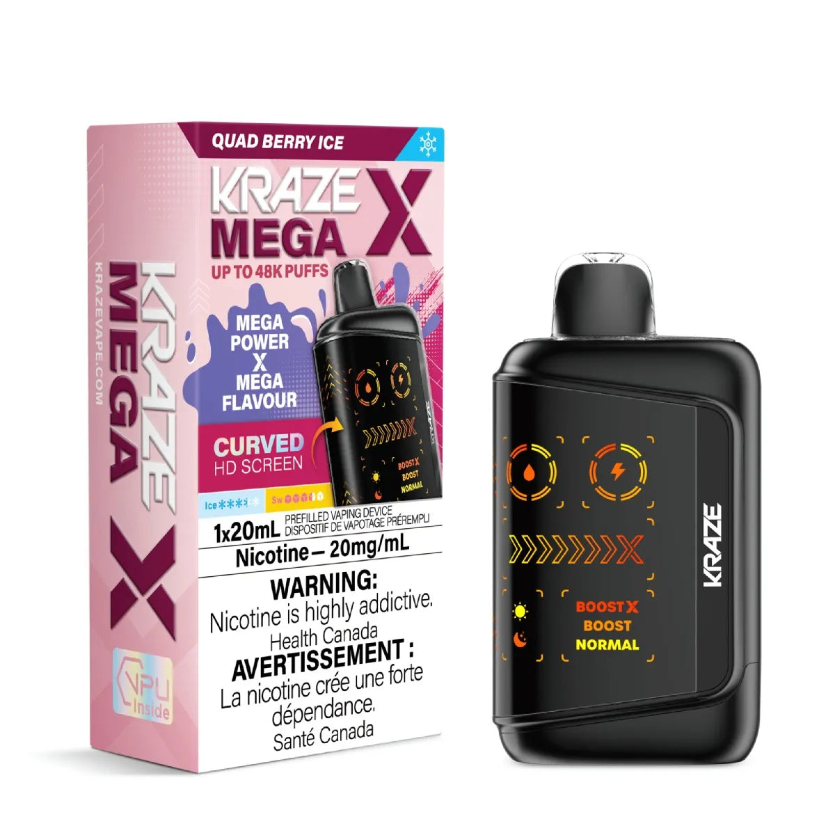 Kraze Mega X disposable vape in flavor Quad Berry Ice and packaging on a white background.