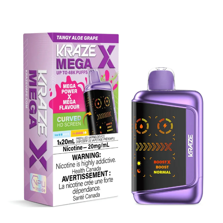 Kraze Mega X disposable vape in flavor Tangy Aloe Grape and packaging on a white background.