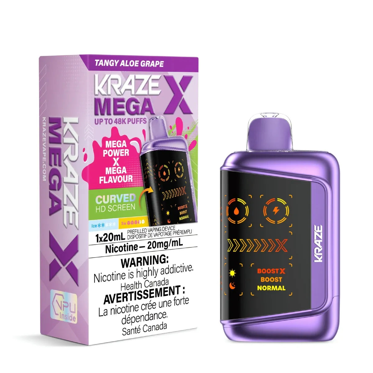 Kraze Mega X disposable vape in flavor Tangy Aloe Grape and packaging on a white background.