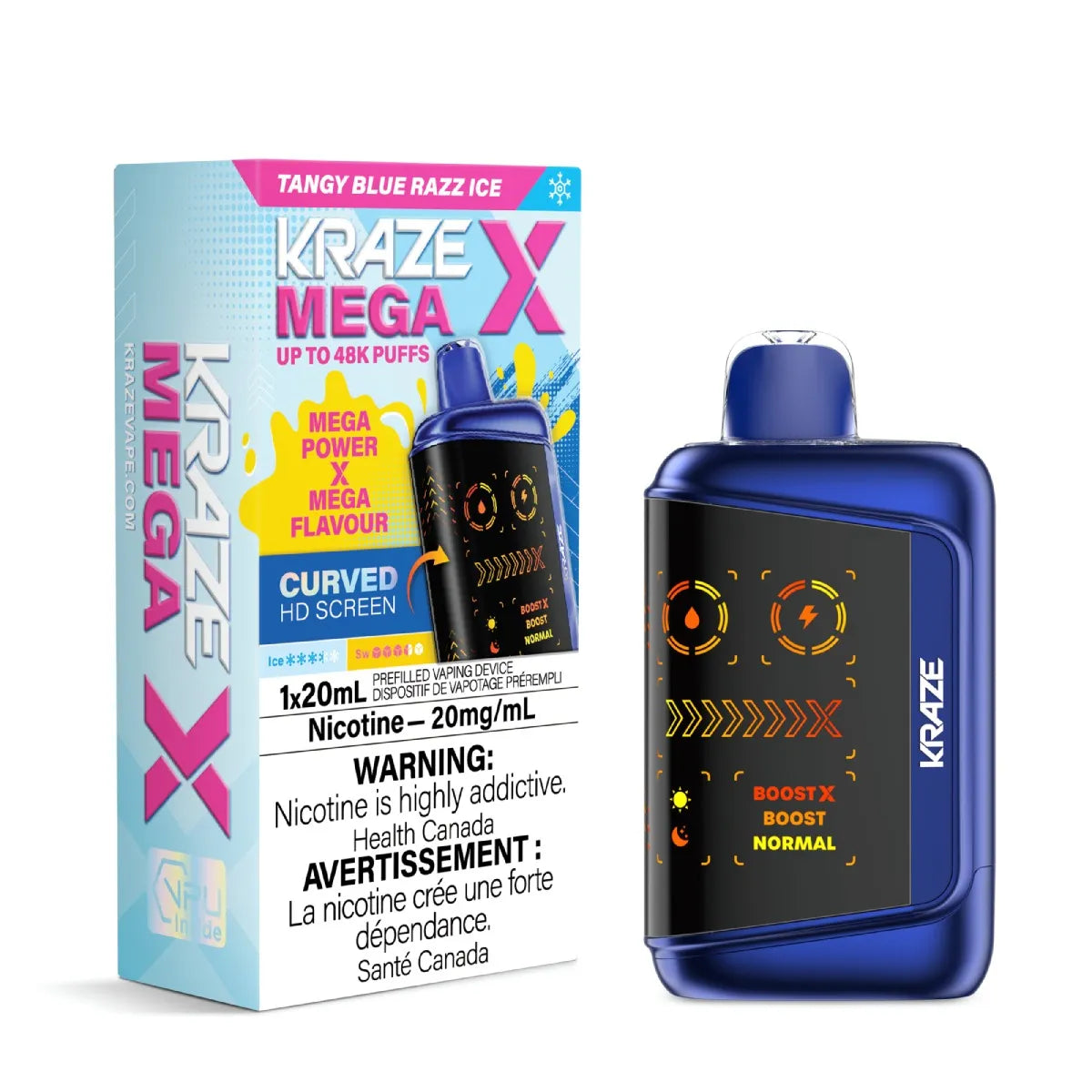Kraze Mega X disposable vape in flavor Tangy Blue Razz Ice and packaging on a white background.