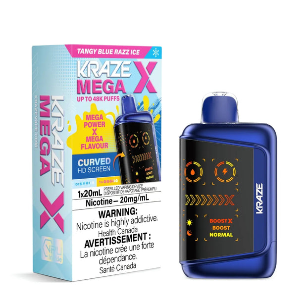 Kraze Mega X disposable vape in flavor Tangy Blue Razz Ice and packaging on a white background.