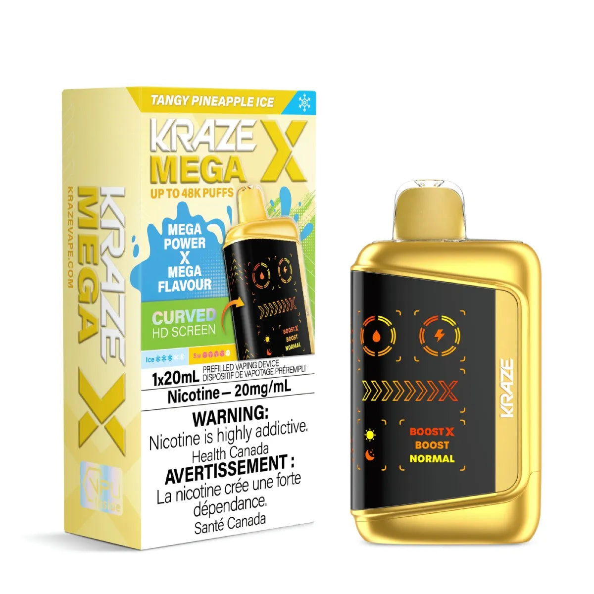 Kraze Mega X disposable vape in flavor Tangy Pineapple Ice and packaging on a white background.