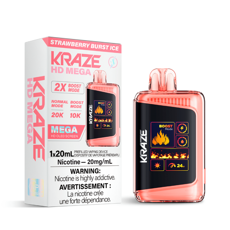 Kraze vape device and packaging with strawberry burst ice flavor on a white background