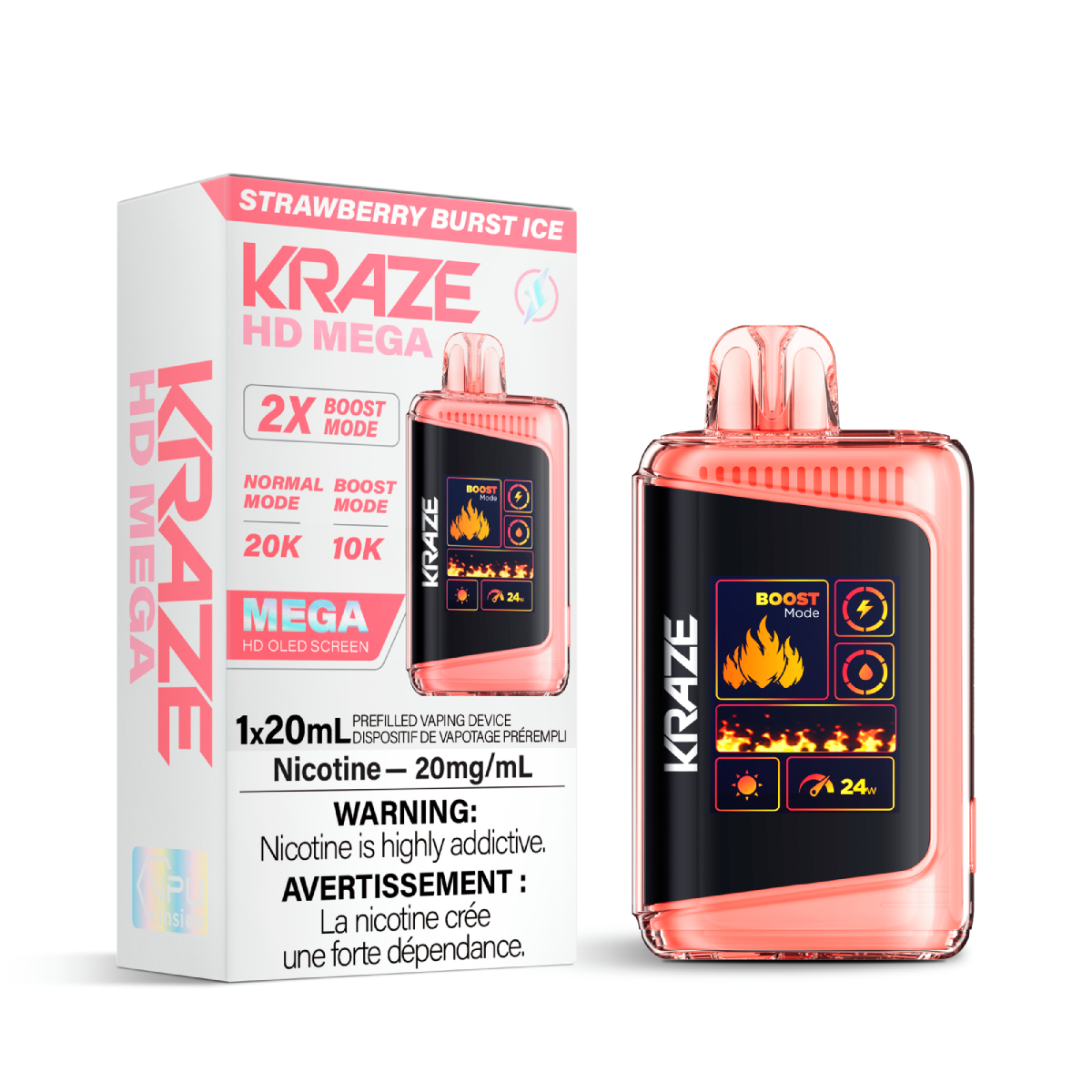 Kraze vape device and packaging with strawberry burst ice flavor on a white background