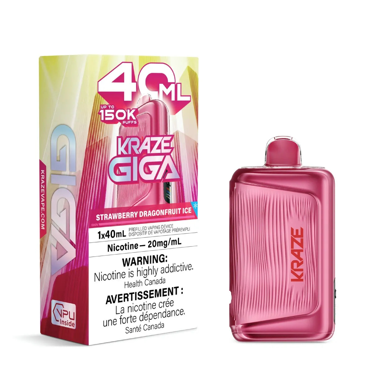 Kraze Giga Strawberry Dragonfruit Ice nicotine e-liquid 150K strength, 40ml bottle shown next to its retail packaging box on a white background.