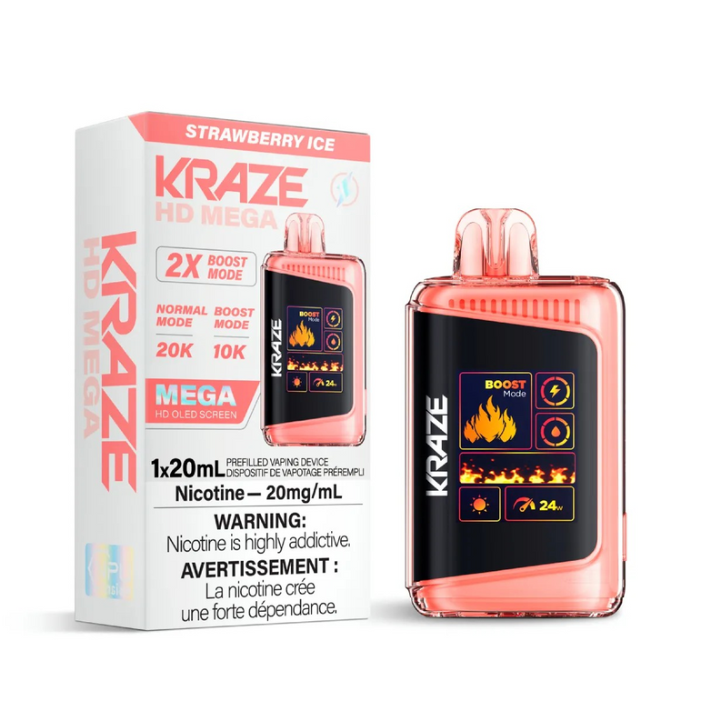 Kraze vape device and packaging with strawberry ice flavor on a white background