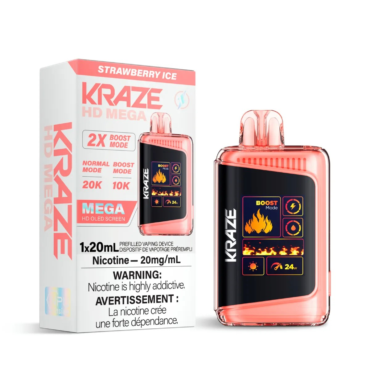 Kraze vape device and packaging with strawberry ice flavor on a white background