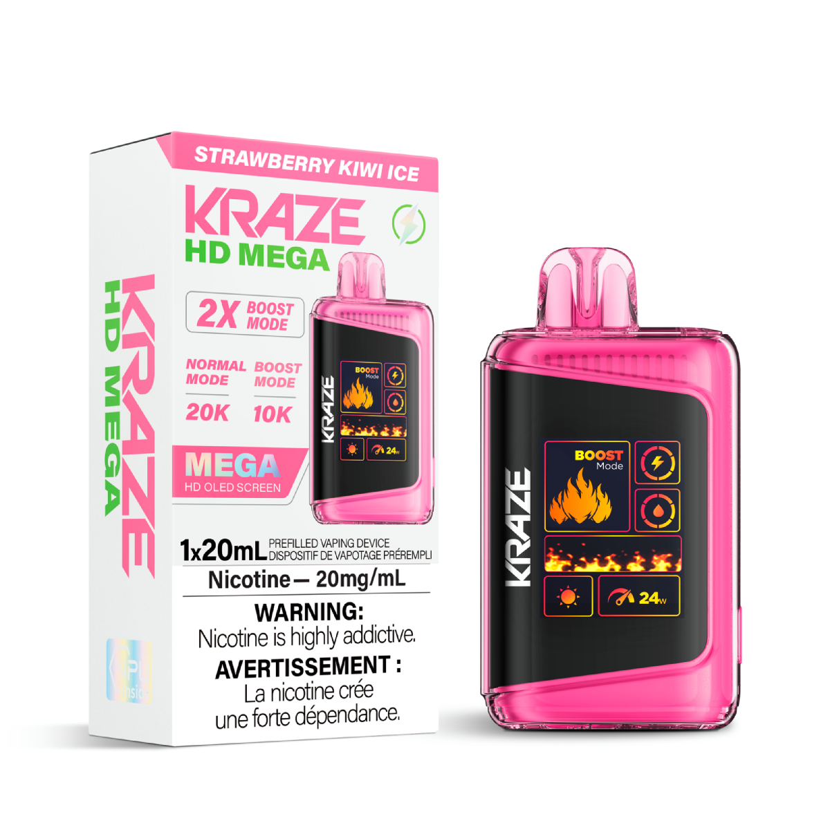 Pink Kraze vaping device with packaging on a white background