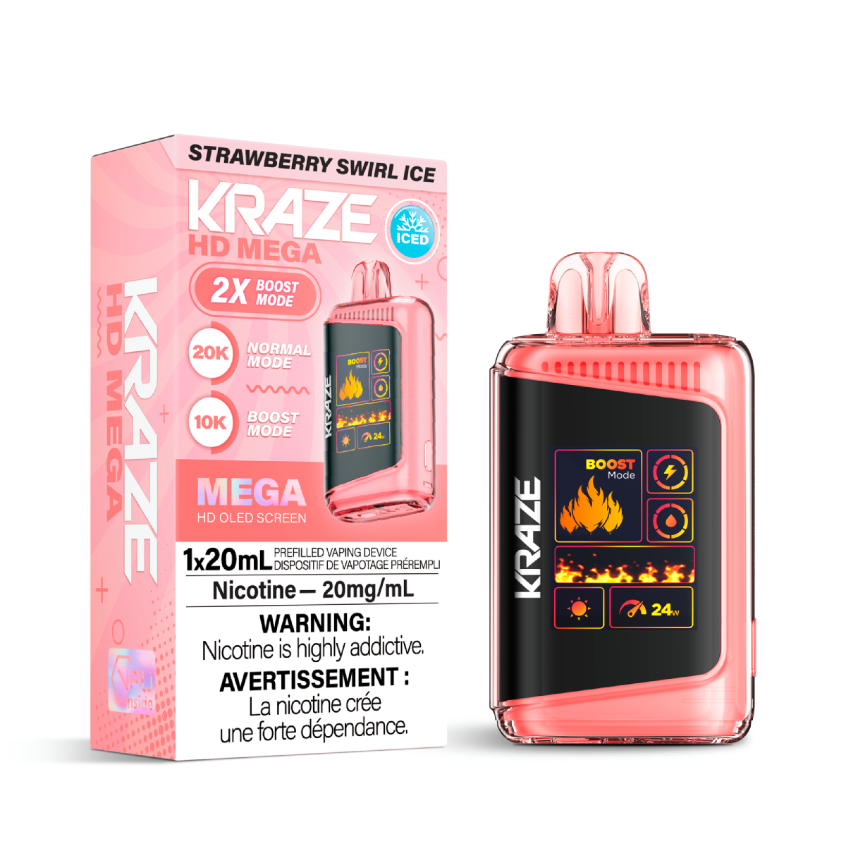 Kraze vape device and packaging with strawberry swirl ice flavor on a white background
