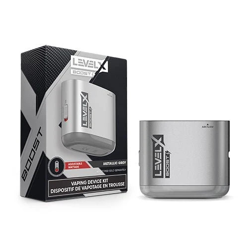 Level X Boost vaping device kit shown next to its retail packaging on a clean white background. The product is metallic silver-gray, and the box features black, white, and red graphics.