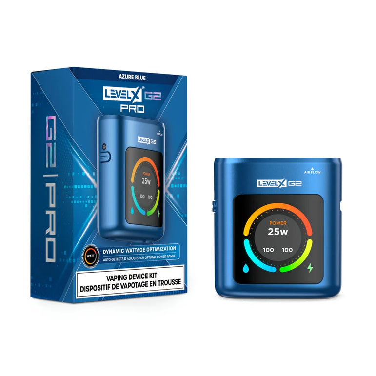 Level X G2 PRO battery in Azure Blue with Level X G2 Pro packaging on a white background