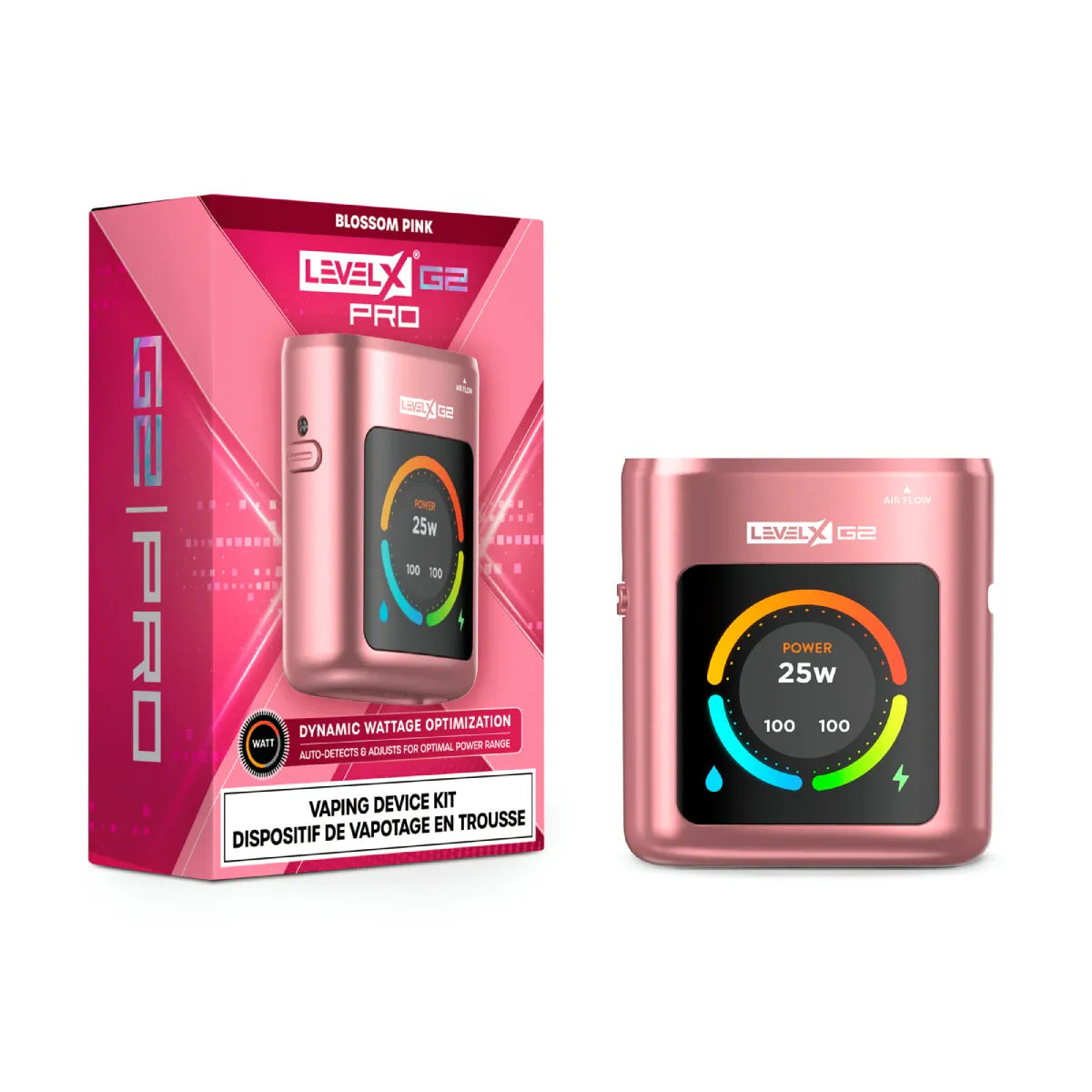 Level X G2 PRO battery in Blossom Pink with Level X G2 Pro packaging on a white background