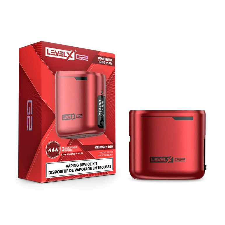 Red Level X G2 vaping battery with packaging on a white background